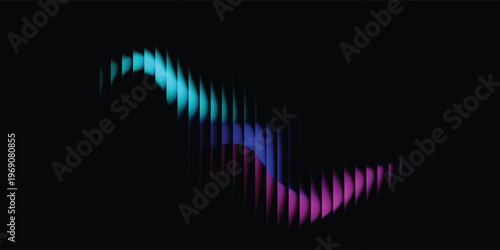 Abstract neon wave ribbon on a pure black background, composed of repeating curved slices forming a flowing S-shape