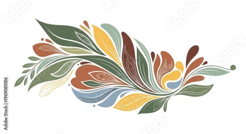 A colorful abstract floral design with green, yellow, and brown leaves and swirls on a white background.
