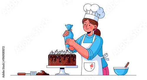 Baker Decorating Chocolate Cake with Piping Bag