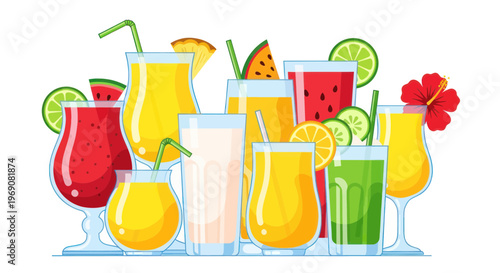 Assortment of Fresh Fruit Juices and Cocktails, Healthy Drinks, Summer Refreshments