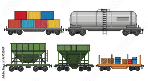 Collection of Freight Train Wagons: Containers, Tanker, Hopper, Flatbed