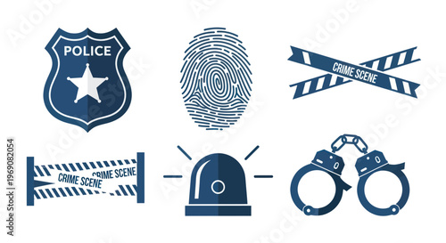 Crime Scene Icons: Police Badge, Fingerprint, Tape, Handcuffs, Siren
