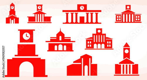Collection of Red Building Icons: Town Hall, Clock Tower, Courthouse, Education