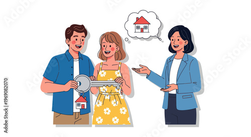 Couple receiving house key from agent, dreaming of new home