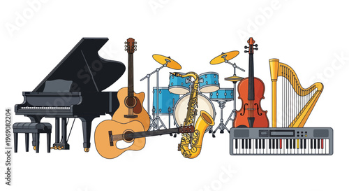 Diverse musical instruments arranged together, including piano, guitar, drums, saxophone, violin, harp, keyboard.