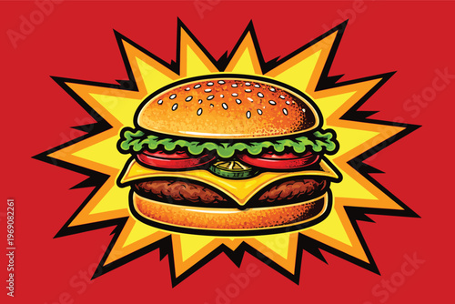Retro pop art hamburger vector, delicious cheeseburger with comic book explosion, vintage fast food restaurant icon
