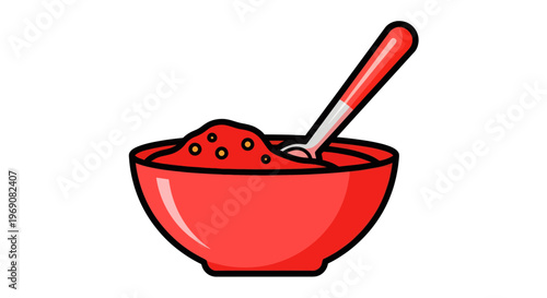 Red Bowl of Porridge with Spoon, Healthy Breakfast Food Illustration