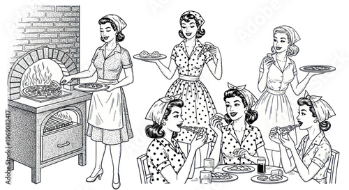 Retro Women Enjoying Pizza Party with Wood-Fired Oven