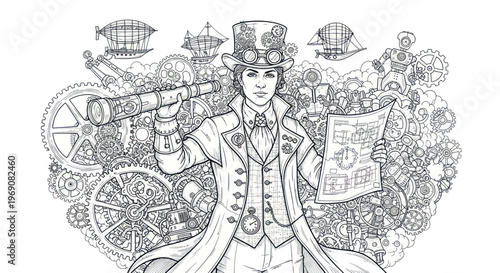 Steampunk Inventor with Telescope and Blueprint, Gears and Airships Background
