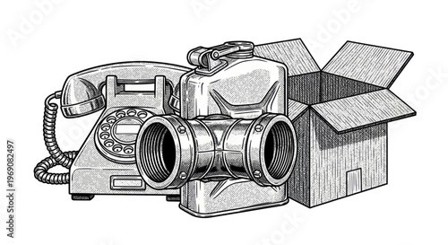 Vintage Rotary Phone, Metal Pipe Fitting, and Open Cardboard Box - Sketch Style