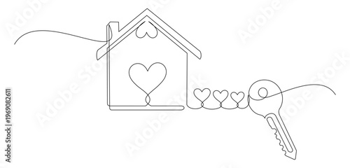 Continuous line drawing of a house key with a house shaped key ring 4.eps