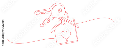 Continuous line drawing of a house key with a house shaped key ring 7.eps