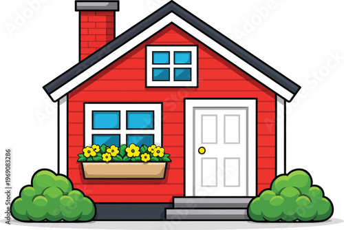 Red cartoon house vector illustration, cozy suburban home with flower box, residential property icon for real estate