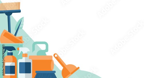 A colorful flat vector illustration showcasing essential cleaning supplies such as spray bottles, brushes, and a broom on a light backdrop.