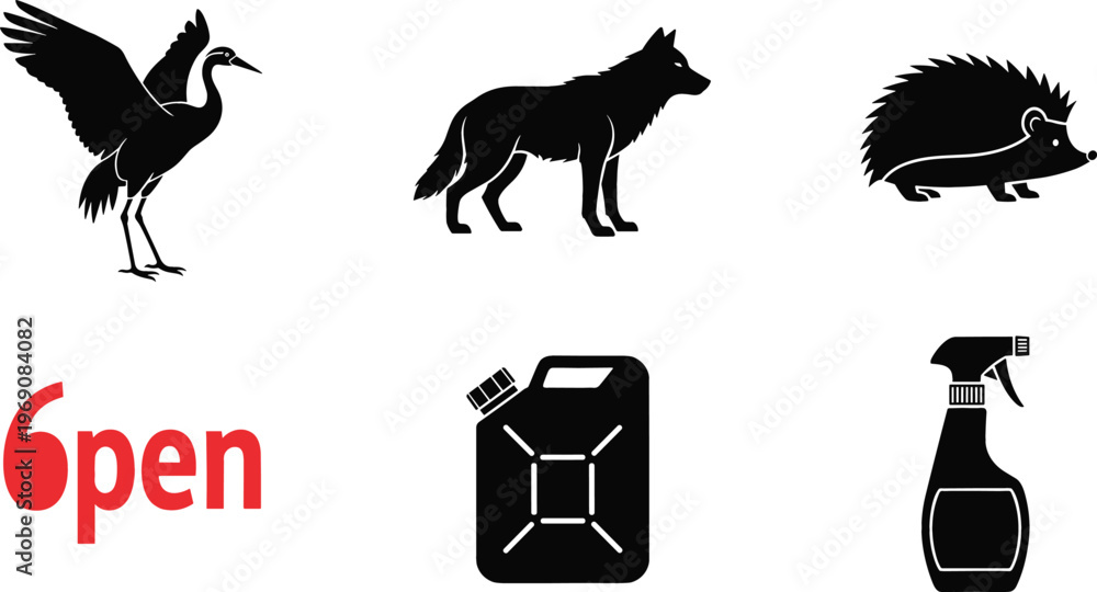 Obraz premium Animal silhouettes vector set with crane bird, wolf, hedgehog, fuel jerry can, spray bottle, and open text sign