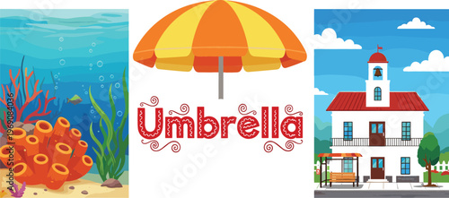 Vector illustration set with underwater coral reef scene, beach umbrella typography design, and seaside lighthouse house building