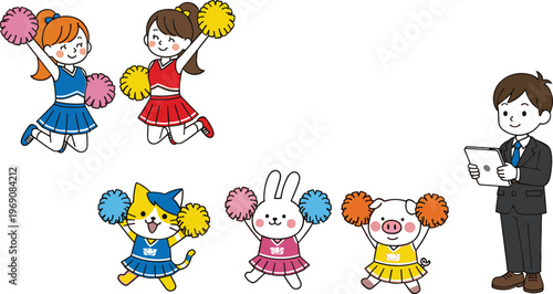 Cheerleader characters vector illustration set with jumping girls, cute animal mascots with pom poms, and male presenter holding tablet