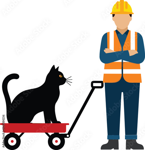 Construction worker vector illustration with black cat sitting in wagon cart construction job concept