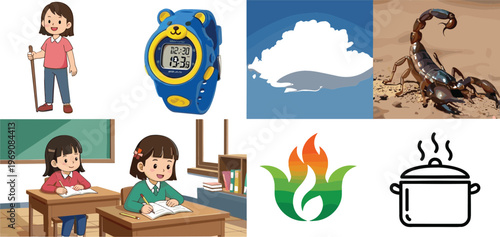 Vector illustration set with schoolgirl characters studying in classroom, digital wristwatch, cloud icon, scorpion insect, eco flame symbol, and cooking pot