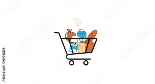 Shopping cart with grocery items.