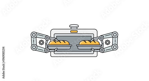 Robotic arms handling food trays with pastries.