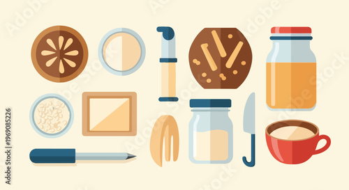 This vibrant vector illustration showcases a diverse collection of minimalist breakfast food items, kitchenware, and drinks in a flat style.