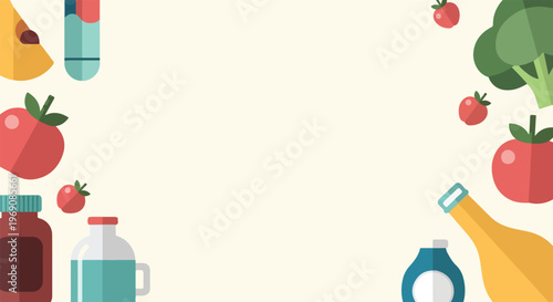 A flat design vector illustration featuring fresh vegetables and various bottles arranged along the borders of a pale cream background.