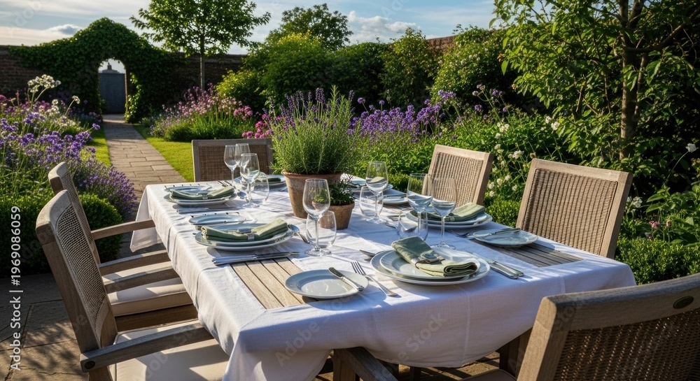 Obraz premium A neatly arranged outdoor dining table with chairs, set with plates, glasses, and a white tablecloth, surrounded by lush greenery and flowers in a garden setting.