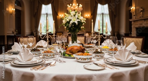 A beautifully set dining table with a turkey, garnished with white flowers and candles, in a grand, elegant room with ornate chandeliers and a fireplace in the background.
