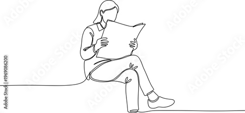 Man sitting and reading newspaper.