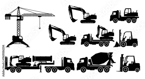 Construction Vehicle Silhouettes: Crane, Excavators, Trucks, Forklifts, Mixer