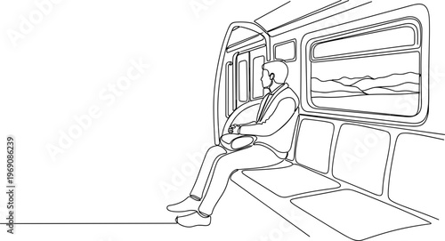 Man Sitting on Train Seat Alone.