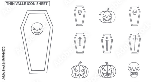 Halloween Icons: Coffins, Pumpkins, Skull - Thin Line Vector Set