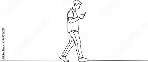 Man walking and using smartphone device.