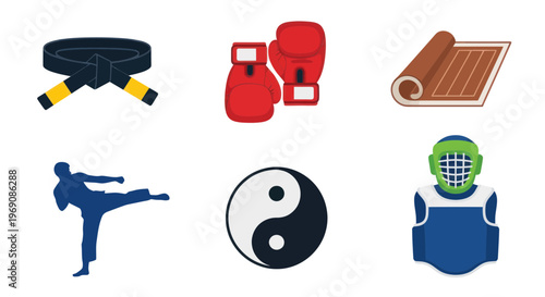 Martial Arts Icons: Karate Belt, Boxing Gloves, Mat, Fighter, Yin Yang, Protective Gear