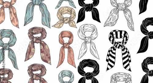 Pattern of Tied Scarves, Fashion Accessories, Vintage Style, Various Colors and Prints