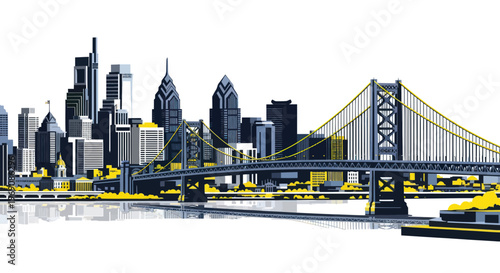 Philadelphia Skyline with Benjamin Franklin Bridge and Delaware River, Modern Cityscape Illustration