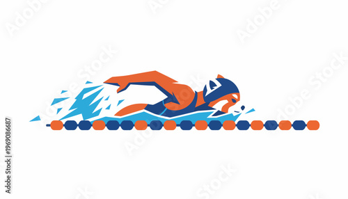 Dynamic illustration of a swimmer powerfully cutting through the water in a pool lane, showcasing speed and athletic motion with vibrant splashes and a determined spirit