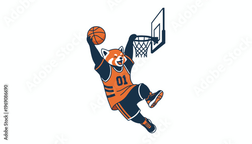 A playful red panda in a basketball uniform soaring through the air for a slam dunk