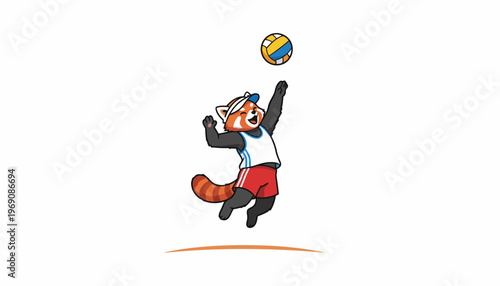 Vibrant cartoon red panda character demonstrating athletic prowess, mid-air leap to hit a volleyball with dynamic energy and playful spirit in a sports-themed illustration