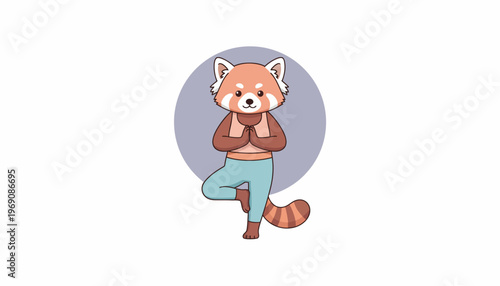 Adorable Red Panda Character Practicing Yoga Tree Pose Illustration, Symbolizing Serenity, Balance, and Mindfulness for Wellness Designs