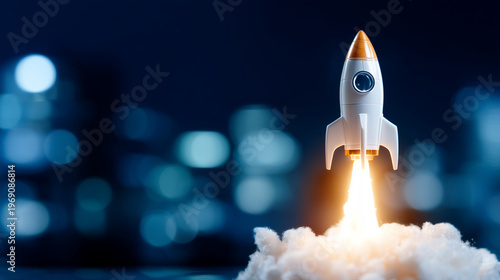 Toy rocket launching from clouds to represent startup growth, business takeoff and bold innovation.
