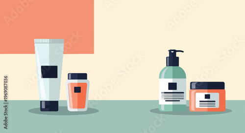 This minimalist vector illustration displays a collection of skincare products, including tubes, bottles, and jars, on a flat surface.
