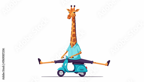 Cartoon giraffe on a scooter, with legs outstretched on either side, wearing a blue shirt and shorts, in a playful and humorous style