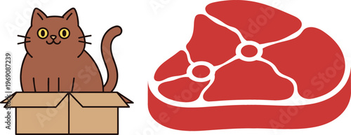 Cute cat sitting in cardboard box and raw steak meat icon vector illustration set