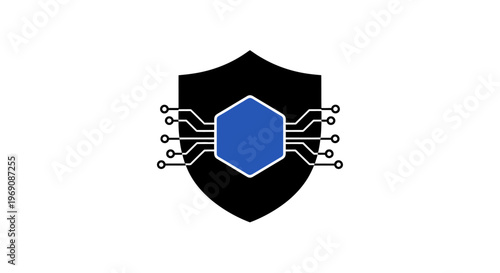 Shield with blue hexagon and circuits.