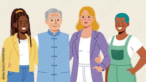 Diverse group of friends standing together, showcasing unity and harmony in a colorful and