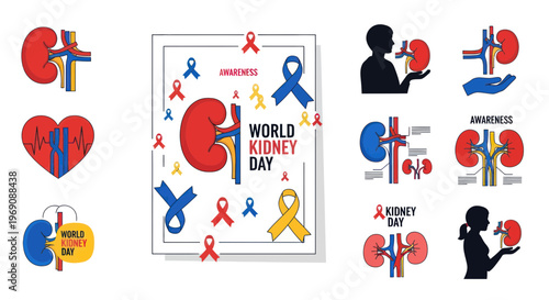 World Kidney Day Awareness - Human Kidney Health Icons and Graphics