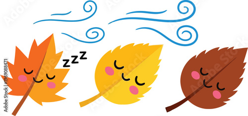Cute Cartoon Sleeping Autumn Leaves Blowing In The Wind Vector Illustration Seasonal Nature Design Element