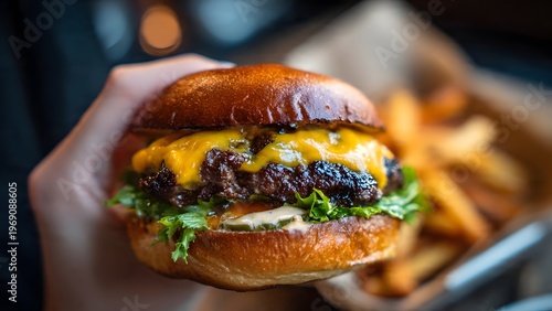 Cinematic widescreen cheeseburger frame with off-center hand offering sparkling brioche bun, scattered blurred sweet potato fries and dipping sauce across warm table